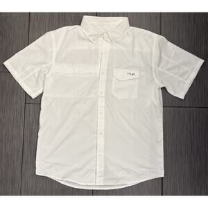 Huk Men’s Short Sleeve Button Down Performance Shirt Size Medium White Fishing